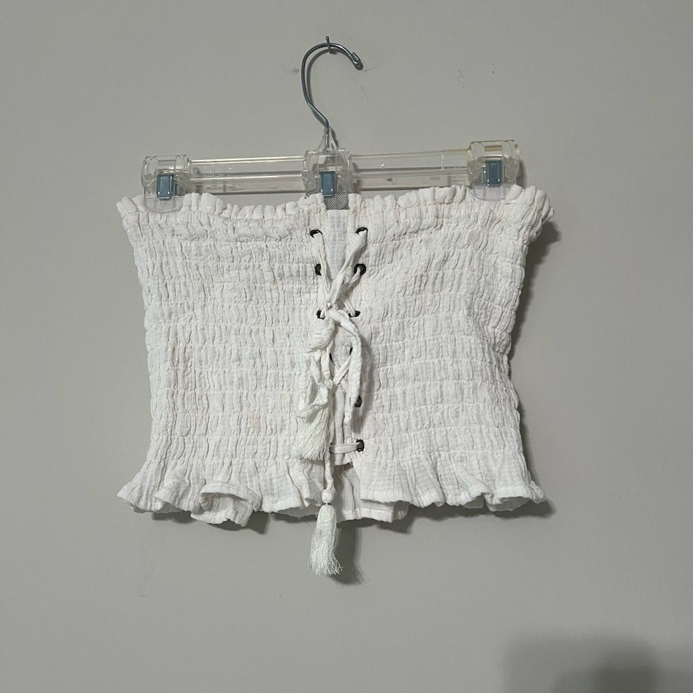 American Eagle Outfitters White Smocked Lace-Up Tube Top - Picture 3 of 6
